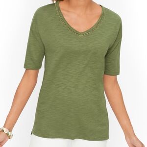 Talbots Petite Knit T-Shirt Olive Green Crochet Accent